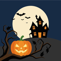 Fototapeta premium Spooky Halloween background with a haunted house silhouette and a carved jack o lantern under a full moon.