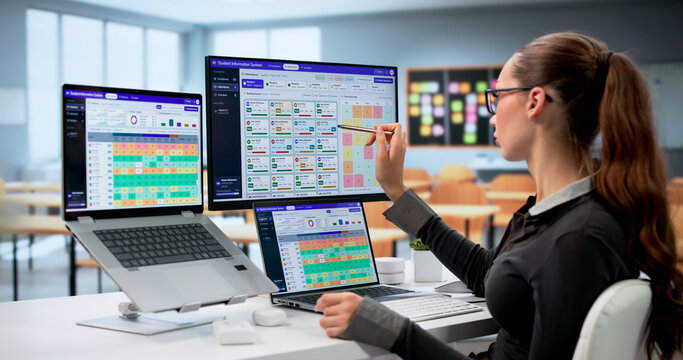 Woman Checks Student Grades And Attendance Data