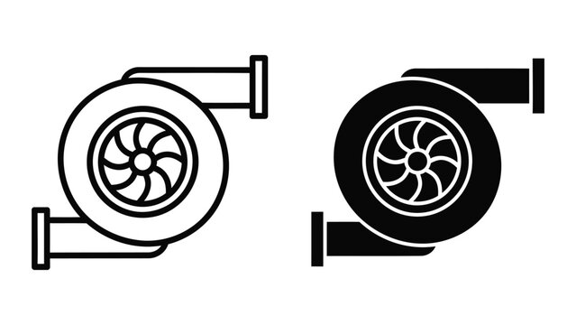 Turbocharger mechanical component icon in outline and solid black vector design style