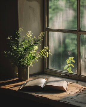 Minimal reading scene with open book and natural morning light.