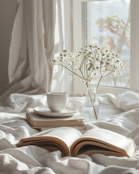 Minimal reading scene with open book and natural morning light.