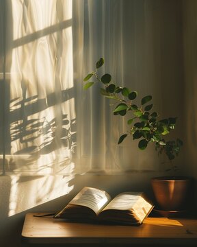 Minimal reading scene with open book and natural morning light.