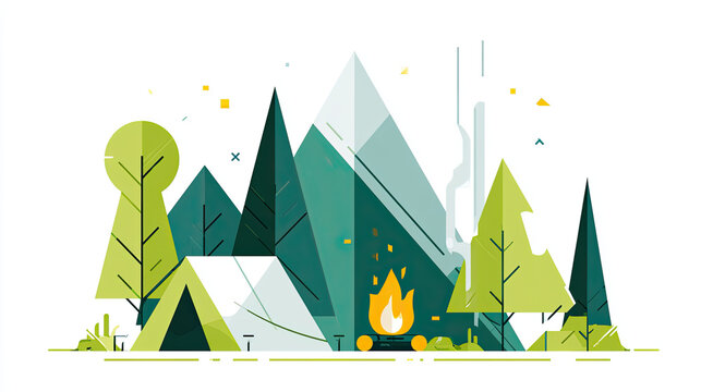 transparent flat vector illustration of camping with tent and campfire