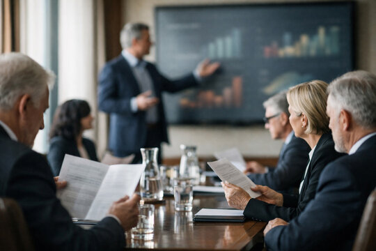 Senior executives discussing long-term financial strategy