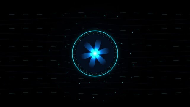 Digital blue flower icon with data stream particles on dark background a minimalist glowing symbol centered 4K video