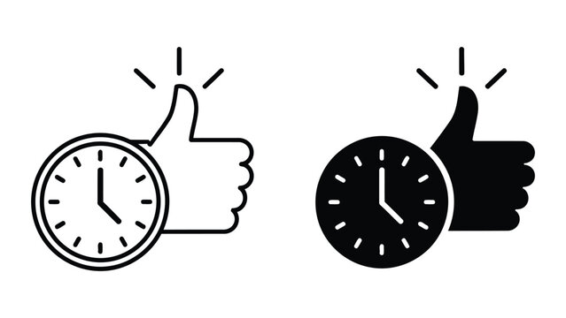 Thumbs up symbol combined with clock vector icon set for timely approval and feedback