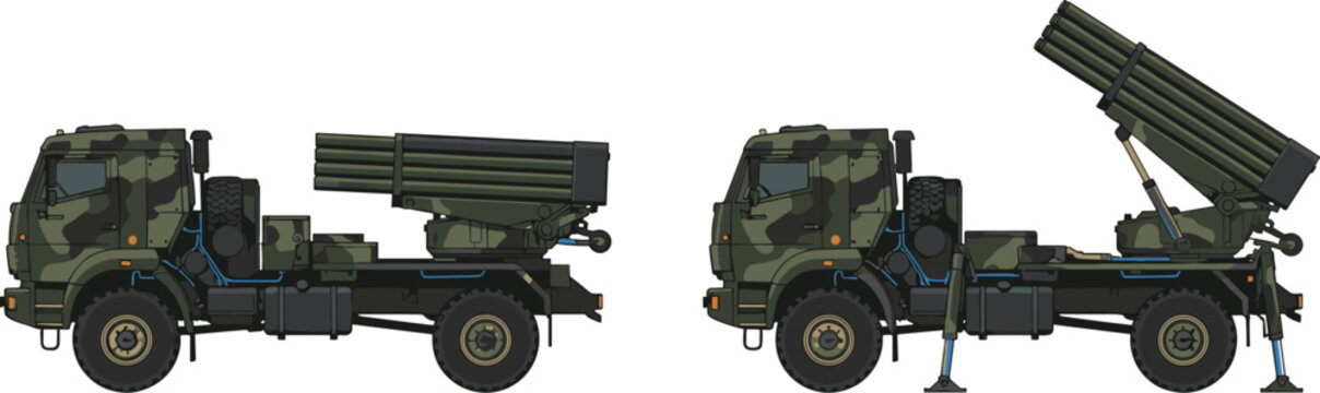 Multiple Launch Rocket System flat vector illustration with camouflage military trucks for defense industry projects