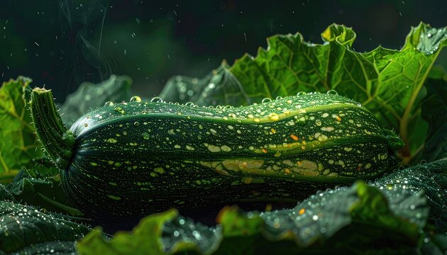 A close-up shot of a green zucchini covered in water droplets amidst lush foliage.