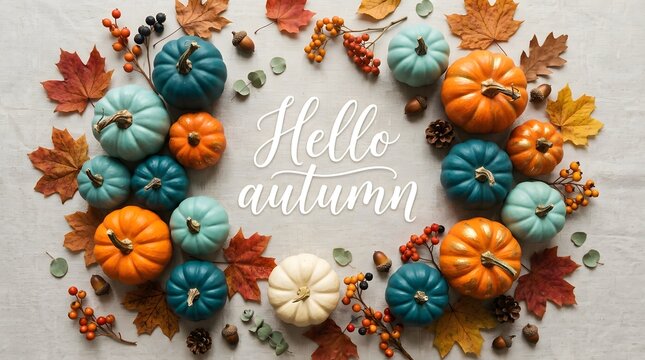 Autumn composition with colorful pumpkins, leaves, acorns, and berries arranged in a circle with hello autumn text in the center