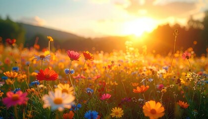 Obraz premium A vibrant field of wildflowers bathed in the warm glow of the setting sun.