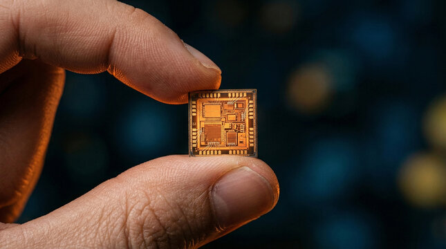 Fingers holding tiny golden microchip macro view perfect for professional electronics manufacturing and futuristic semiconductor concepts