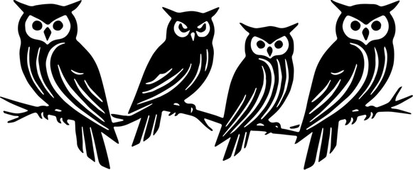 Fototapeta premium Vector silhouette illustration of a four owls against a transparent background. 