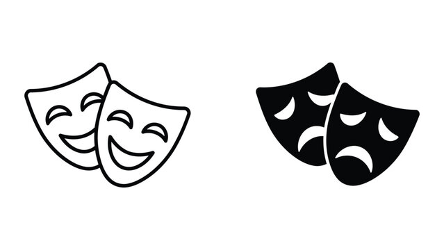 Comedy and tragedy theater masks vector illustration in outline and solid black styles