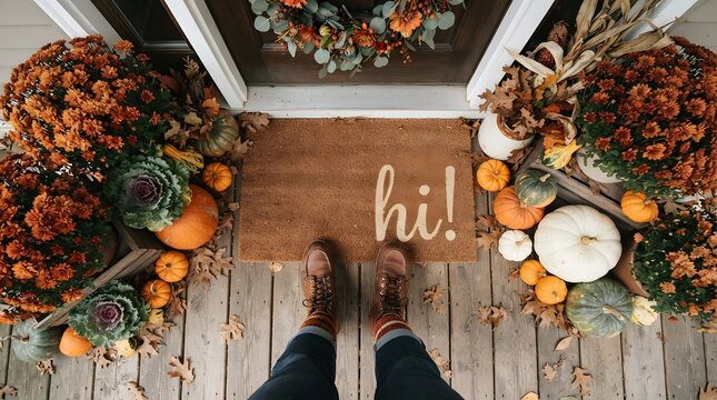 Firstperson view of someone standing on a porch with a hi doormat, surrounded by autumn pumpkins, mums, and fall decor