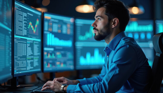 cyber security analyst monitoring multiple real-time dashboards on curved monitors, focused professional analyzing network traffic and intrusion alerts with threat intelligence,