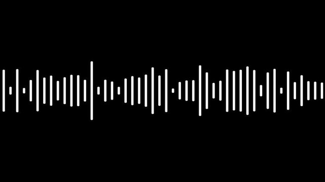 Minimalist white audio waveform animation on black background, digital sound frequency visualization for music and podcast production