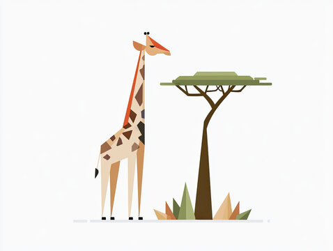 transparent flat vector illustration of a giraffe beside a tree