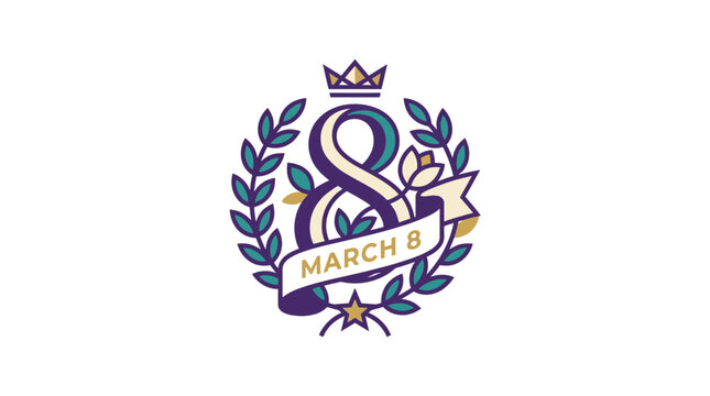 International Women's Day 8 March emblem with crown, laurel wreath, flower and ribbon