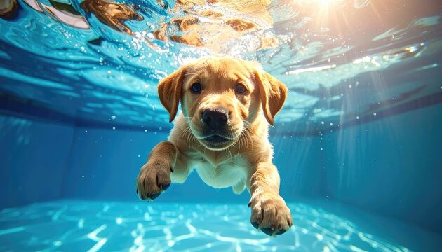 A playful golden retriever puppy swims underwater in a bright blue pool.