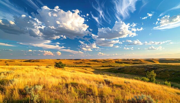 Golden rolling hills under a dramatic sky with clouds at sunset.
