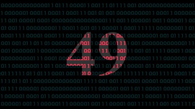 Digital countdown timer number 49 with red binary code matrix background, for tech presentations