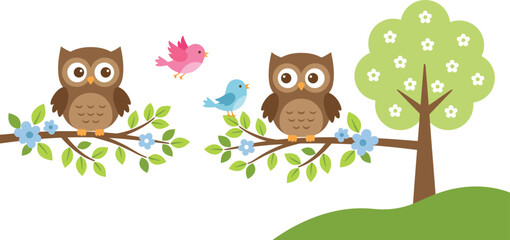 Naklejka premium Cute cartoon owl characters on flowering tree branches, whimsical forest birds vector illustration, spring nature scene with owls