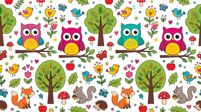 Cute woodland animals seamless pattern, colorful forest owl and fox vector background, nursery wallpaper with trees and birds