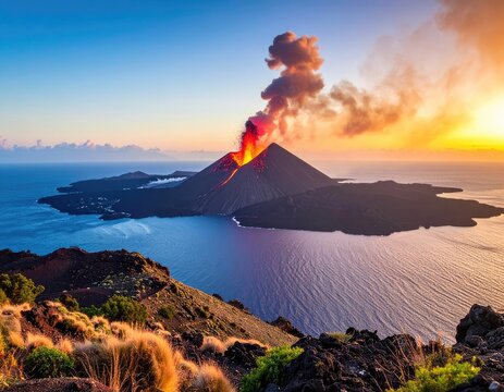 A majestic volcano erupts into a vibrant sunset over the ocean.