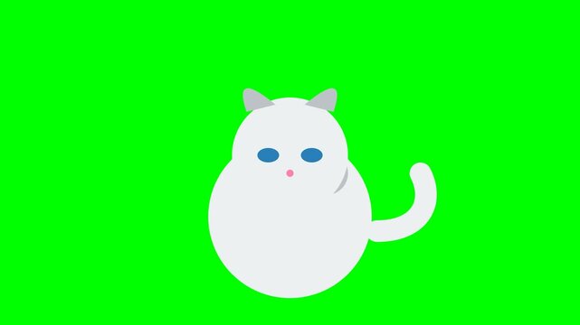 Flat Minimalist White Fat Cat Animation on Green Screen Chroma Key 2D Loop