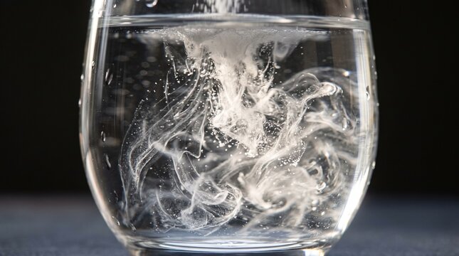 White liquid dissolving in clear water glass.