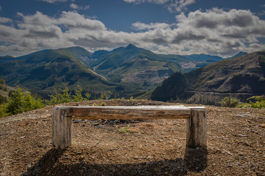 Rustic log bench overlooking mountains with clearcuts and logging rds
