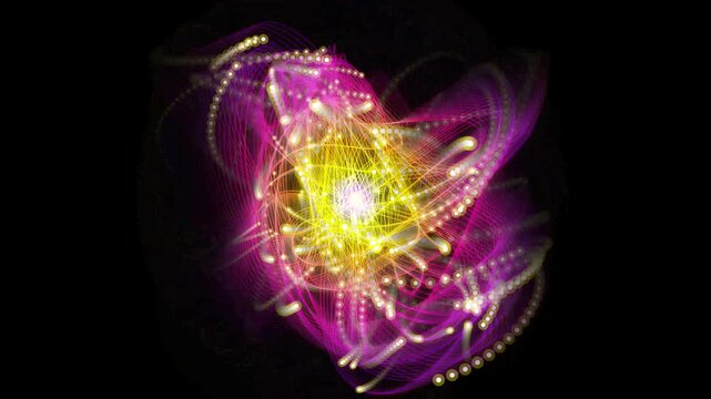 Glowing colorful light particles forming an orb-like structure with complex orbital paths energy field abstract 4K video