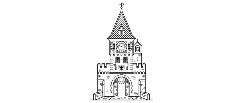 Isolated medieval tower with clock and gate, line drawing