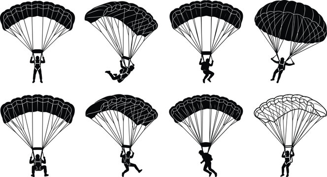 Paragliding skydiver vector icon set parachute extreme sports paraglider silhouette line art solid black isolated white background layout design.eps