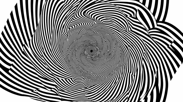 Abstract optical illusion tunnel created from swirling black and white striped patterns forms a mesmerizing geometric vortex design.