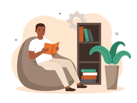 African American Man Reading Book on Beanbag Chair Vector Illustration