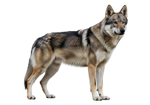A gray wolf stands alert on a plain white background, showcasing its distinctive fur pattern and sharp features, ideal for use in wildlife or educational contexts.