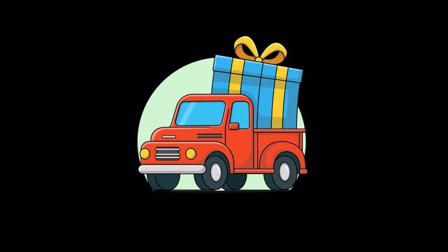 Red delivery truck carrying a large blue gift box on black background