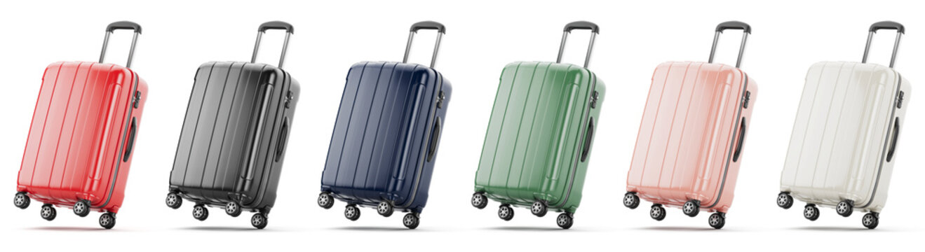 Suitcase of various colors for Travel isolated PNG. Travel concept - suitcase 3d icon. 3d rendering