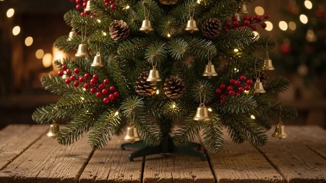 Small decorated Christmas tree with golden bells, pine cones, and red berries standing on a rustic wooden platform in a cozy indoor setting with warm bokeh lights.