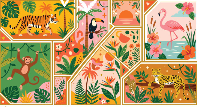 Tropical, jungle, wildlife, animal, tiger, monkey, toucan, flamingo, leopard, foliage, flower, sunset, paradise, vector, illustration,