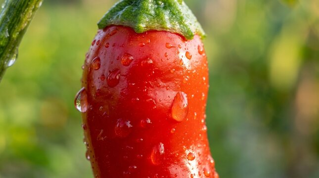 Fresh Ripe Red Chili Pepper Growing Outdoors With Dew Drops On Skin Showing Vibrant Vegetable Garden Harvest Macro Photography Detail
