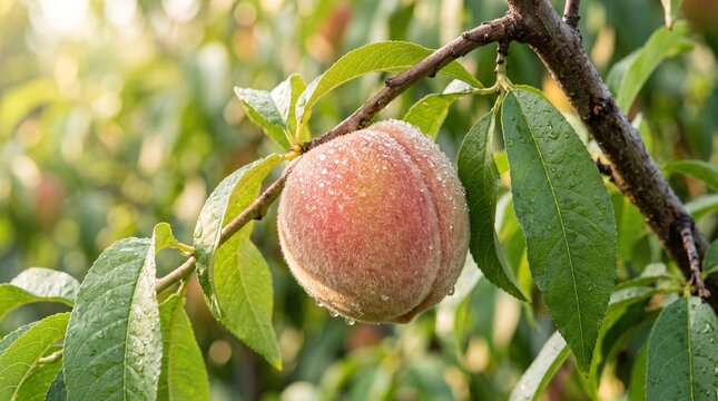 Fresh ripe peach with morning dew drops hanging from a leafy orchard branch in the warm sunlight of a peaceful summer harvest day