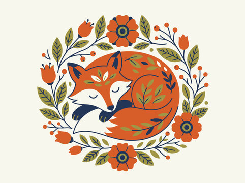 Cute Folk Art Illustration of Sleeping Red Fox Curled Inside a Decorative Floral Wreath
