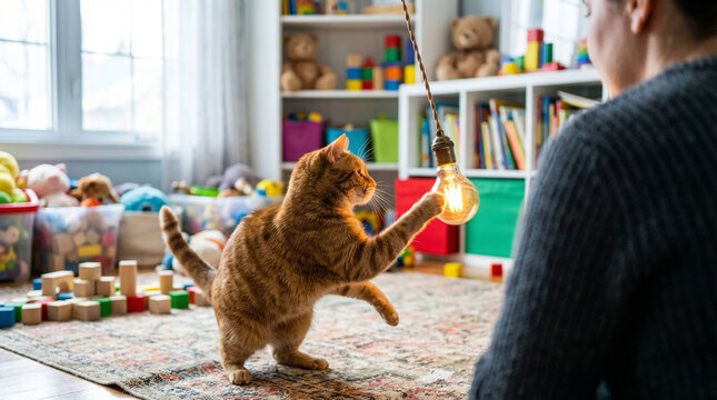 Playful ginger cat reaching for glowing lightbulb toy in cozy living room perfect for joyful domestic pet care and relaxing home lifestyle concepts