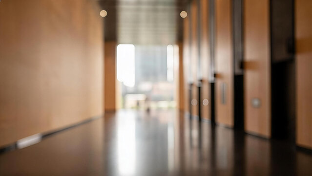 A blurred view of a modern indoor corridor with elevator doors, polished dark floor and light wooden walls.