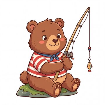 Cute cartoon bear fishing with a rod and reel catching a small fish