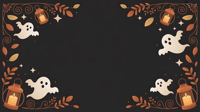 Festive halloween background featuring cute ghosts and glowing lanterns with autumn leaves frame