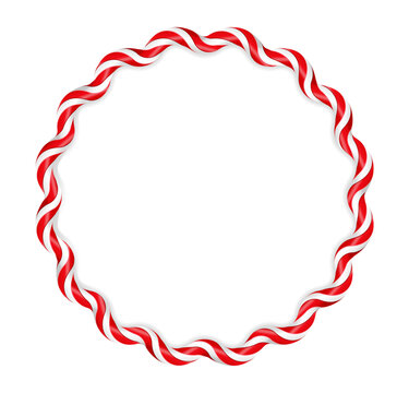 Candy cane circular border frame. Red white twisted rope, peppermint stripe or spiral wreath circle. Festive seasonal ornament for holiday card, invitation or greeting. Vector illustration