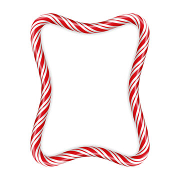 Candy cane Christmas frame. Twisted peppermint striped border, rectangular or portrait shape. Festive seasonal ornament for holiday card, invitation or greeting. Vector illustration
